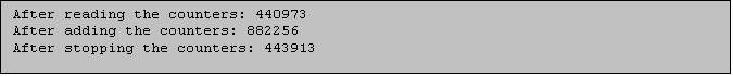 Text Box: After reading the counters: 440973
After adding the counters: 882256
After stopping the counters: 443913
