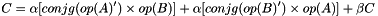 \[ C = \alpha [ conjg( op( A )' ) \times op( B ) ] + \alpha [ conjg( op( B )' ) \times op( A ) ] + \beta C \]